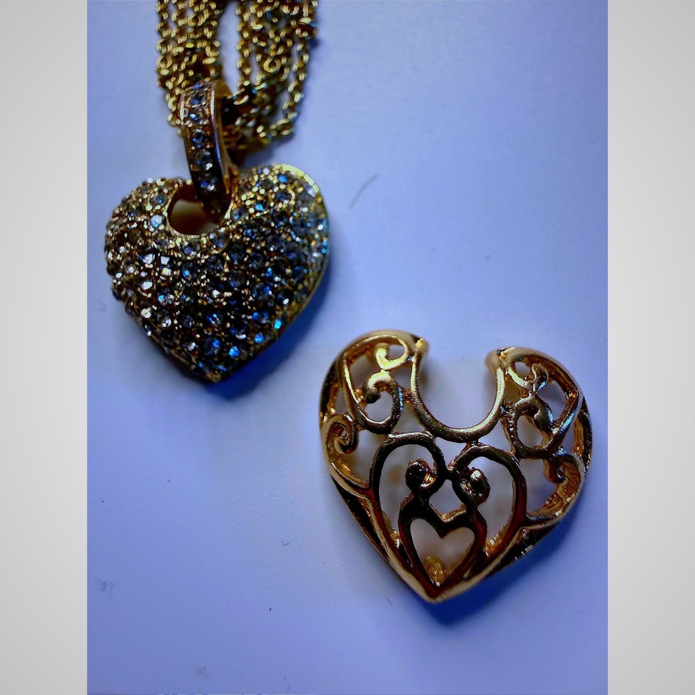 Gold Tone Multi Strand Heart Pendant Necklace Rhinestone Filigree Interchange